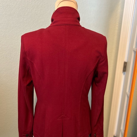CAbi Rhubarb Red stretch Ponte Knit button up asymmetrical Ava Outing 4 - Picture 5 of 6